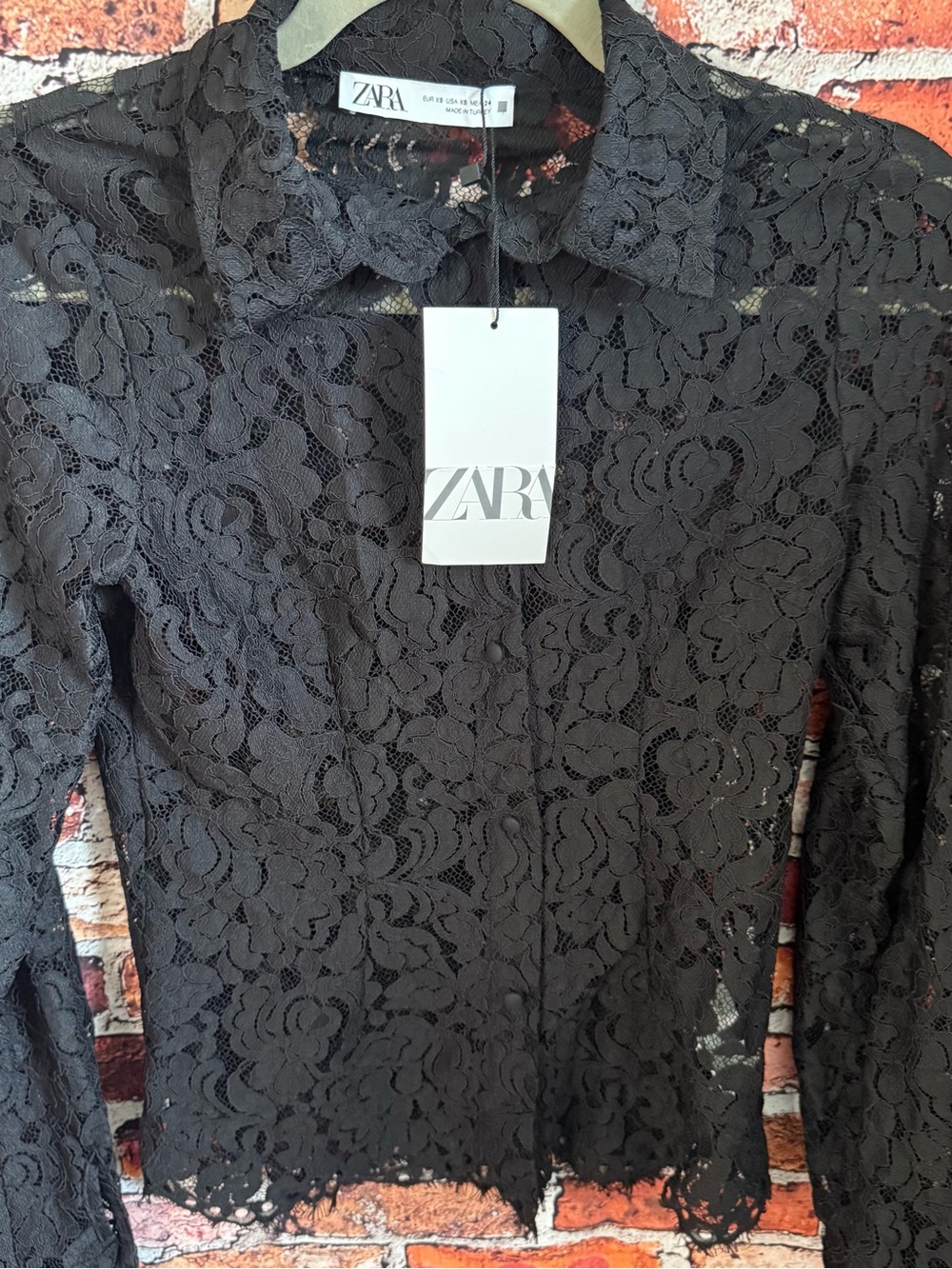 NWT Zara Women’s XS Black Floral Lace Collared Long Sleeve Sheer Blouse Top - Picture 2 of 7